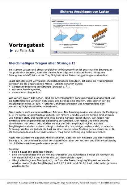 Vortragsfolien und Materialien für die Schulung in gleichmäßigem Tragen und Lastenverteilung zur Vermeidung von Unfällen.